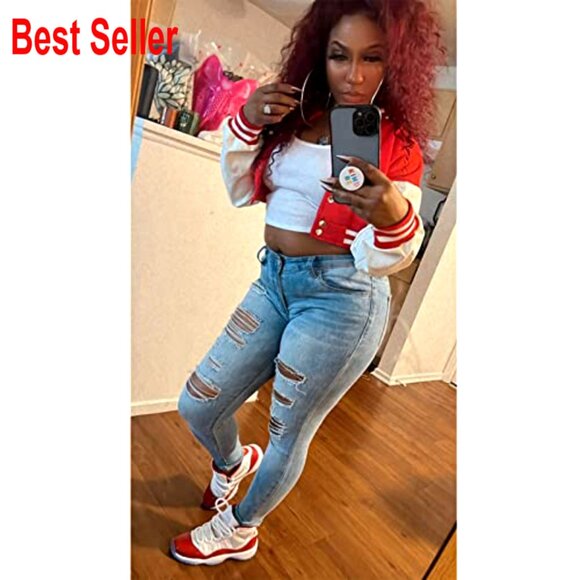 Faux Leather Baseball Bomber Jacket Crop Button Closure Casual Streetwear - Picture 2 of 6